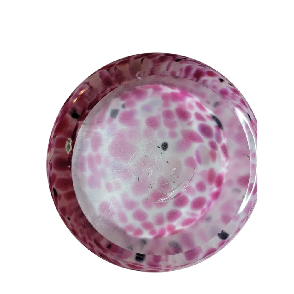 Hand Blown Art Glass Vase Pink Speckled Black White Ruffled Floral Studio Decor